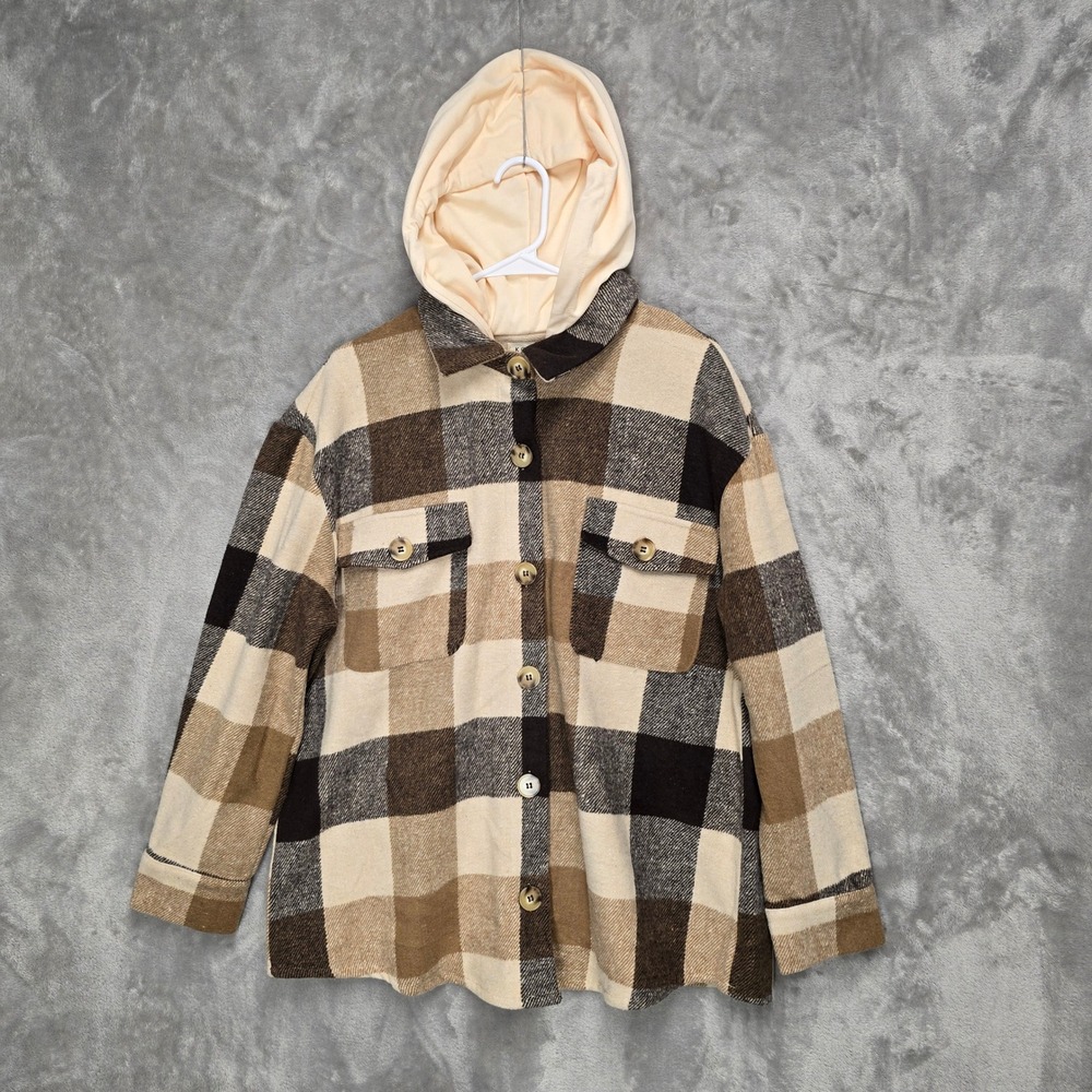 Kori‎ Brown Tan Plaid Hooded Shacket Oversized Button Down Jacket Women's Size L